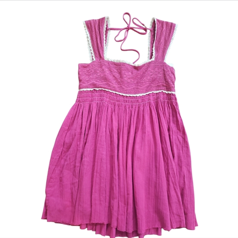 Free People Heartland Mini Dress Pink Lace Babydoll Boho sz L NWT - Picture 7 of 12